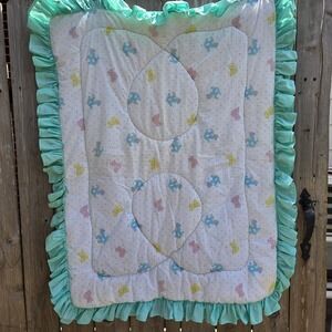 Vtg Baby Crib Blanket Rocking Horse Teddy Bear Polka Dot Ruffled Edges Unisex